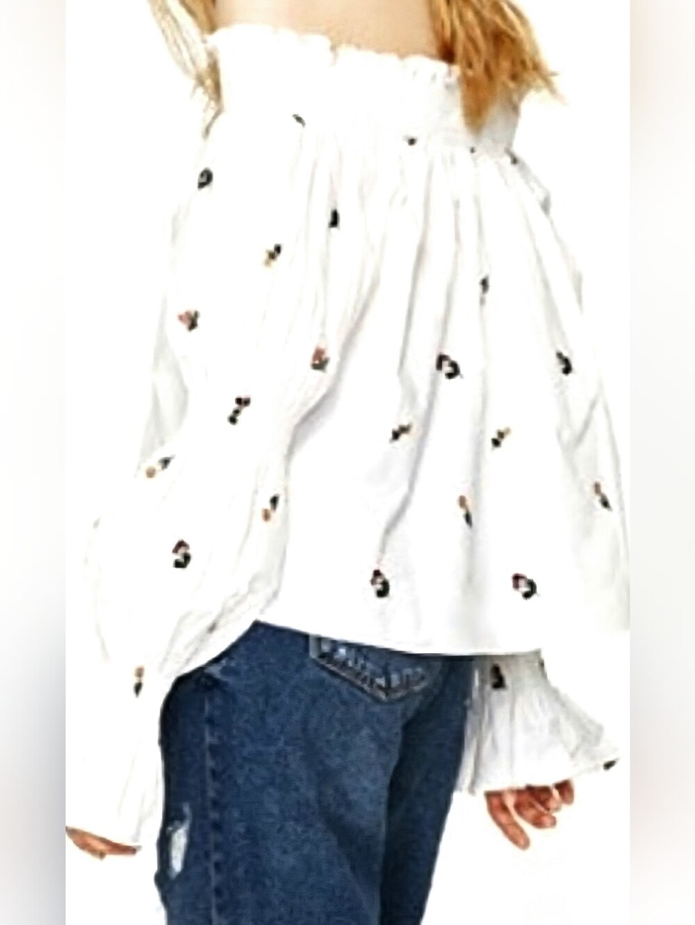 Zara Trafaluc Boho Off Shoulder Top White Floral Cottagecore Smocked - Picture 4 of 8